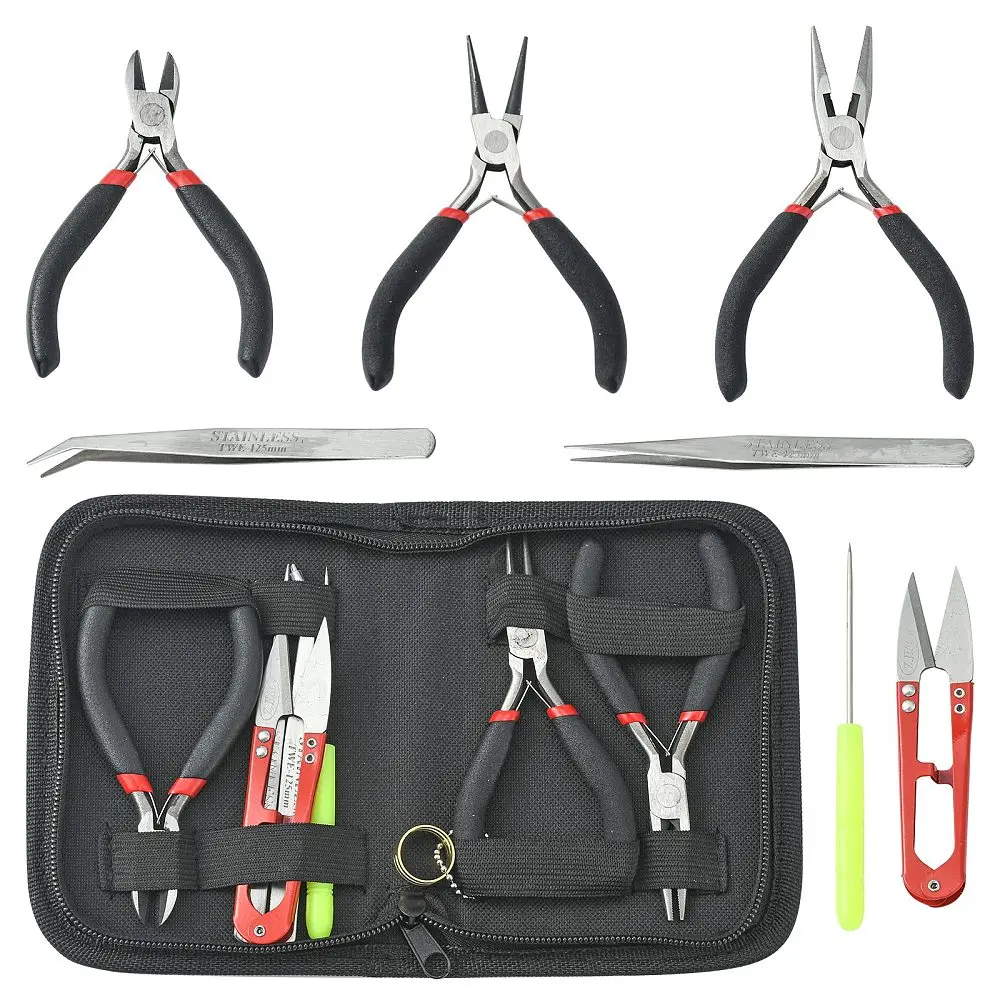

Random Color DIY Jewelry Tool Kits Round Nose Pliers Side Cutting Pliers Wire Cutter Scissor Beading Tweezers and Bead Awls