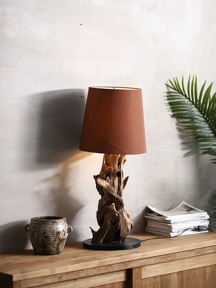 Solid Wood Decorative Lamp Creative Log Bedroom Table Lamp Teak Bedside Lamp