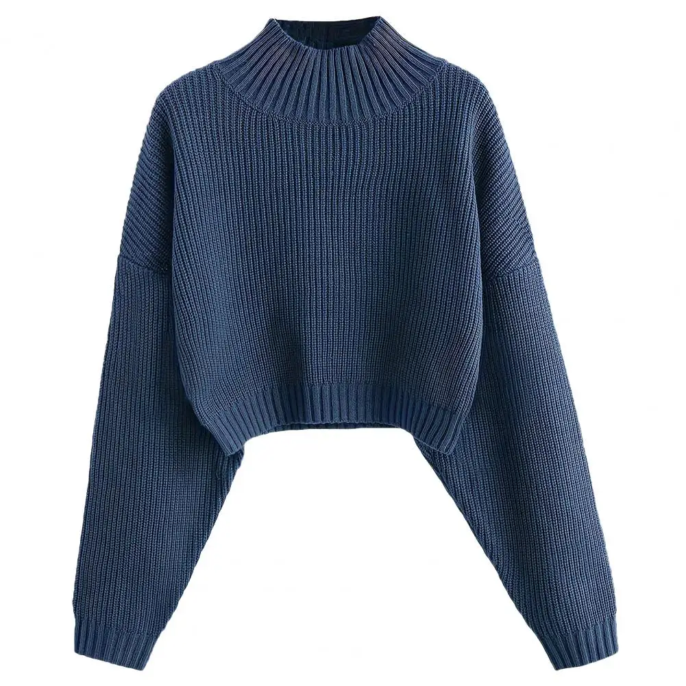 

Solid Color Knitwear Stylish Women's Cropped Sweater Collection Half High Collar Slim Fit Tops Long Sleeve Ribbed Knit Pullover