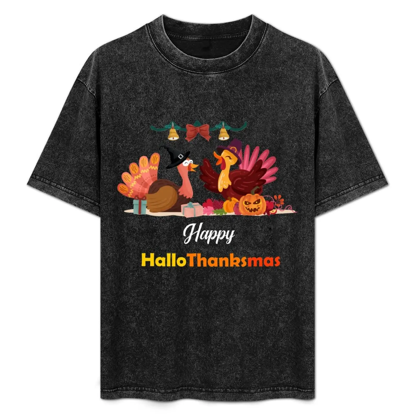 

Happy HalloThanksmas Funny Halloween Thanksgiving xmas T-Shirt Urban Casual Loose Fit Tee