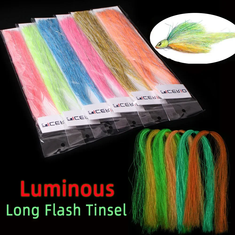 1 Packung/6 Packungen 50cm Nachtleuchtendes Langes Lametta, 3 Arten Gemischter Lamettastränge, Fliegenbindematerial für Streamer-Fliegen und Bucktail-Teaser