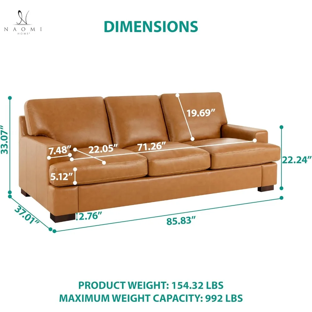 Genuine Leather Sofa - Luxurious Comfort, Goose Feather Cushion Filling, Square Arm Design, Sturdy Block Legs