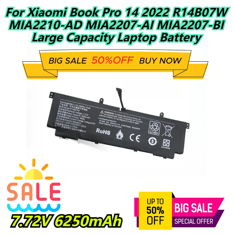 

7.72V 6250mAh For Xiaomi Book Pro 14 2022 R14B07W MIA2210-AD MIA2207-AI MIA2207-BI Large Capacity Laptop Battery