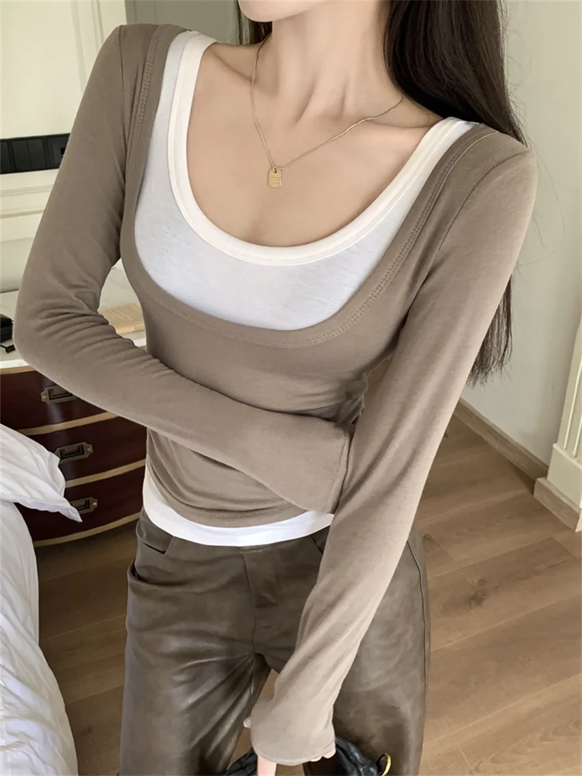 PLAMTEE Sexy Women Slim Tees Office Lady Chic Autumn Elegant Full Sleeve 2023 High Street Bottoming New Mujer Daily T-Shirts