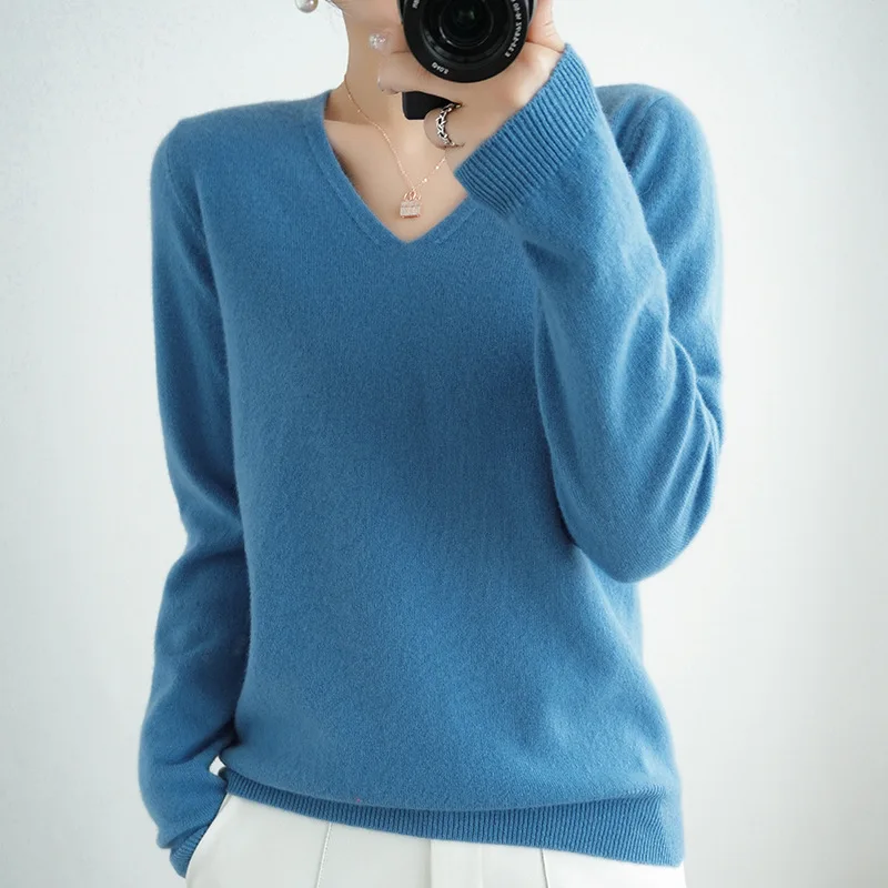 Women Sweater Spring Autumn V-neck Knitwear Long Sleeve Slim Warm Sweater Pullovers Lady Basic Jumpers Knitted Bottoming Shirt