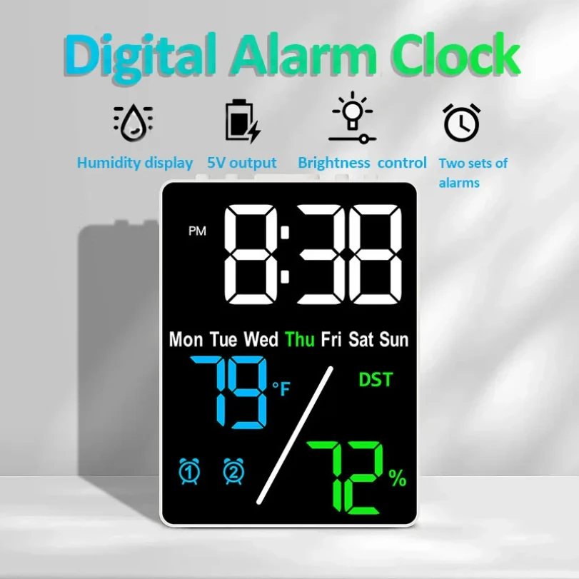 

Multifunctional Large Screen Digital Alarm Clock Humidity Display Brightness Adjustment Charging Desktop Clock Home Office Decor