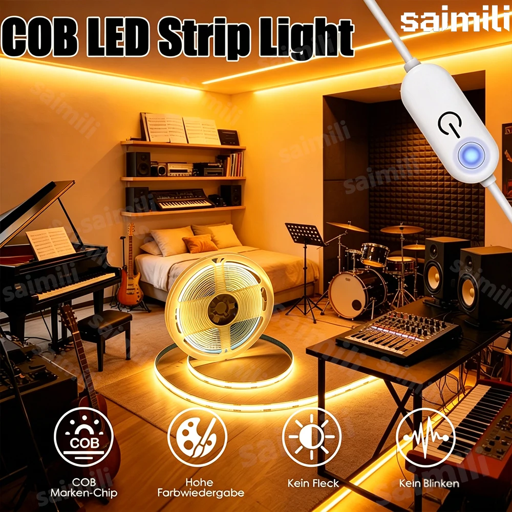 USB LED Strip Lights 5V 320LEDs/M  Touch Dimmer COB LED Strip Flexible Lamp Tape DIY TV Mirror Backlight Kitchen Room Lighting