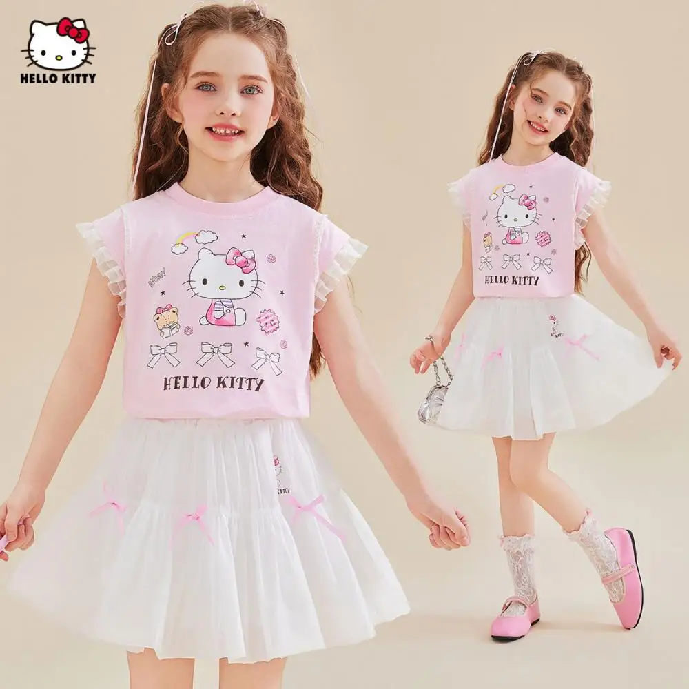 

Kawaii Hellokitty Girls Short Sleeve Set Summer T-Shirt Short Skirt Suit Cartoon Sports Children's Clothing Versatile Tops Skirt