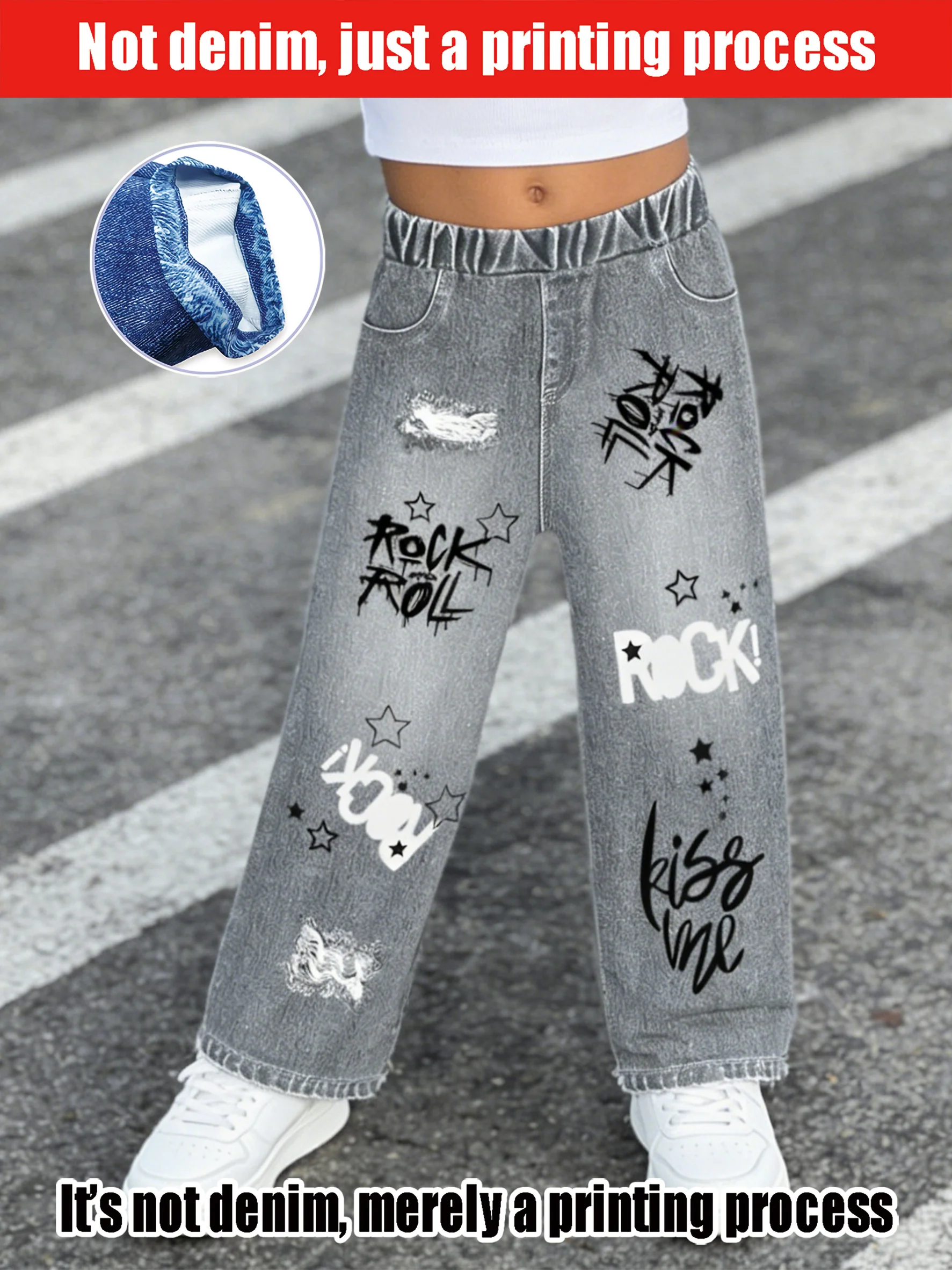 2026 children's gray imitation denim wide-leg pants, old holes, rock graffiti style
