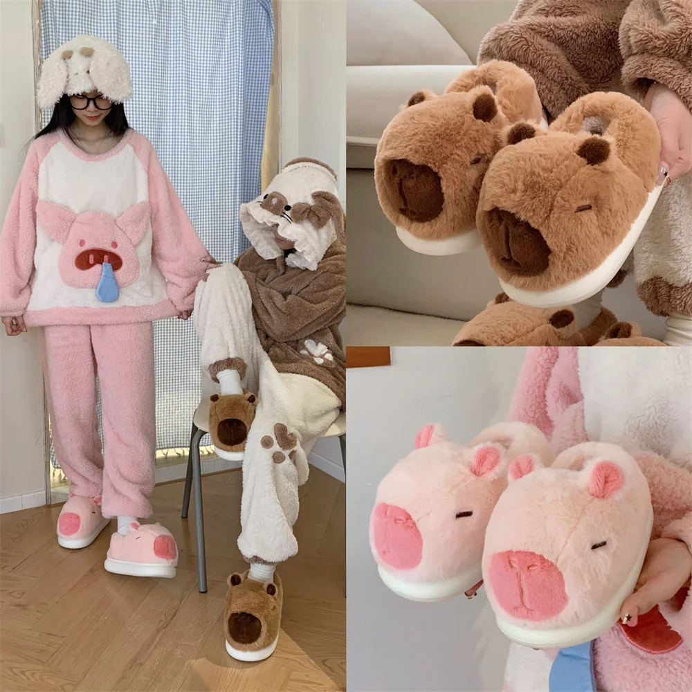 Winter Warm stereoscopic capybara Shoes Women Cartoon Plush Slippers Thick Furry Ankle Wrap Men Lady Couple Home Cotton Shoes