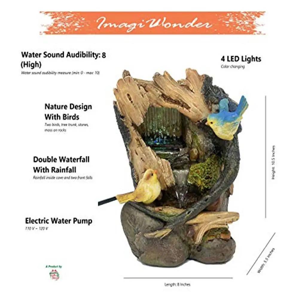 Tabletop Waterfall Fountain with Bird Pair and LED Lighting Nature Resin Material Soothing Water Sounds 8