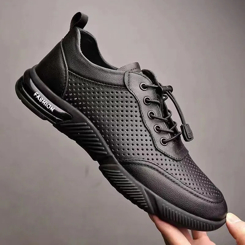 Men's leather shoes breathable casual men's leather surface mesh soft sole soft surface comfortable summer sports