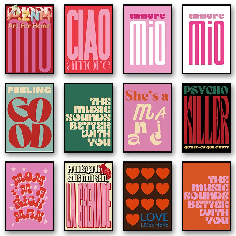 AZNM Retro Bold Typography Canvas Wall Art Amore Mio Ciao Love Heart Colorful Lyrics Text Print Unframed Canvas Painting For Tre