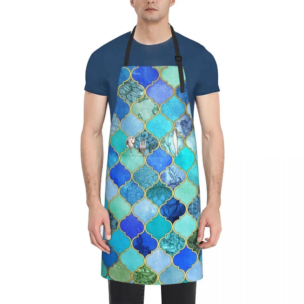 Cobalt Blue, Aqua & Gold Pattern Waterproof Kitchen Apron For Women/Men With Pockets Work Restaurant Shop Waiter Work Uniform