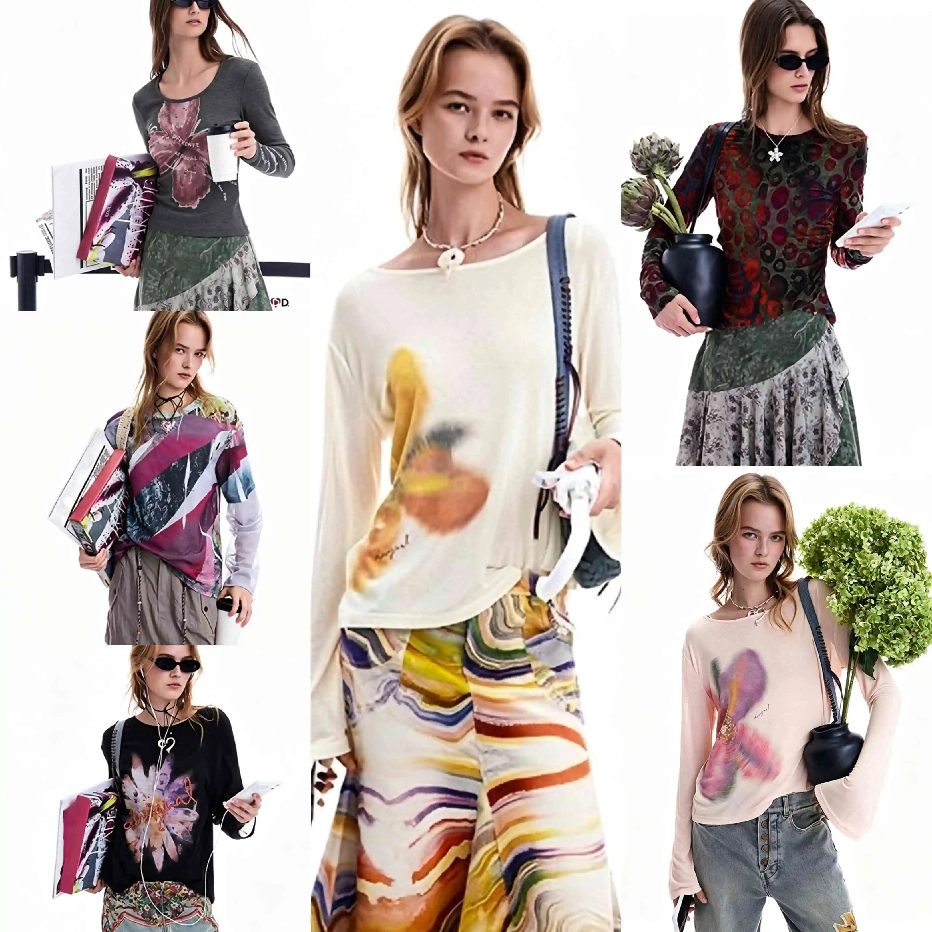 26 New Spain Original Hand drawn Embroidered Flower Elastic Women's T-shirt Top Round Neck Lightweight Breathable