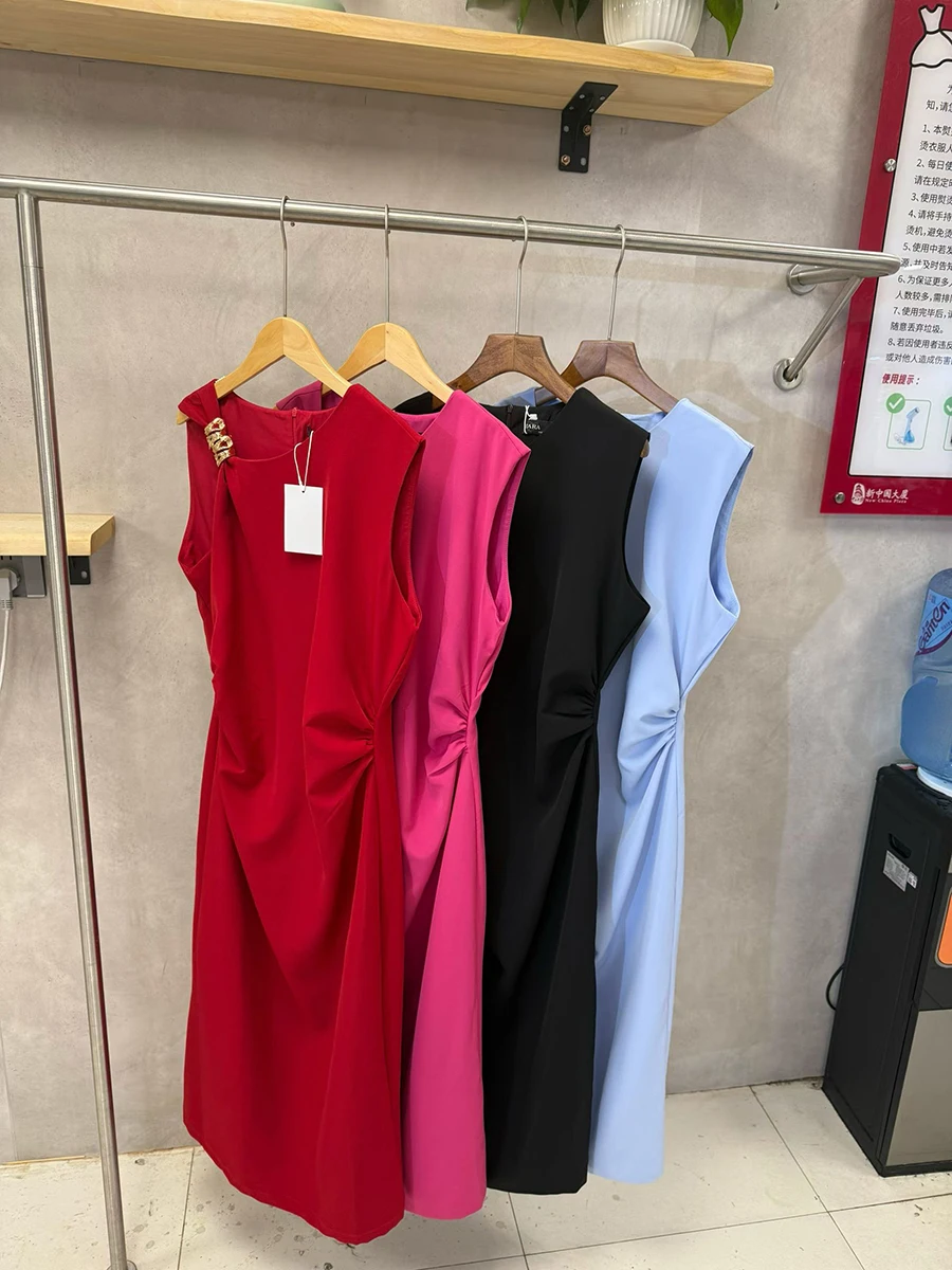 GALCAUR الصلبة تقسم طيات فستان أنيق الإناث س الرقبة أكمام التخسيس حزب مزاجه فساتين حريمي الصيف موضة جديدة