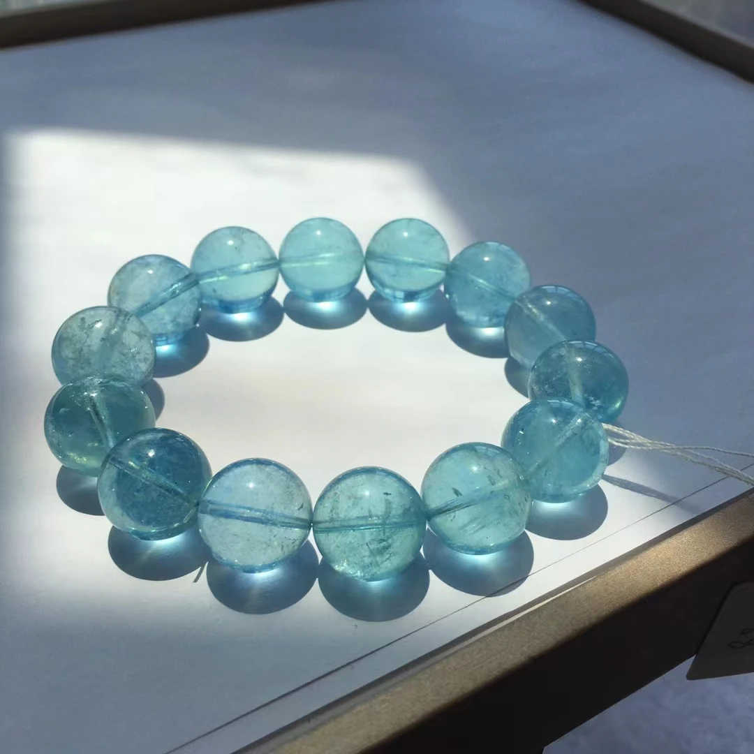 Natural Blue Aquamarine Clear Barrel Beads Bracelet Pendant 15-15.7mm Women Men Brazil Stretch Blue Aquamarine Jewelry AAAAA