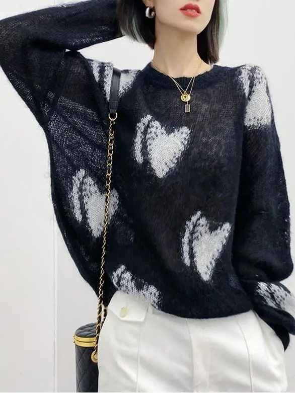 Autumn Fashion Design Sense Trendy Hollow Out Loose Fit Slim and Versatile Simple Round Neck Colored Women\'s Style Sweater