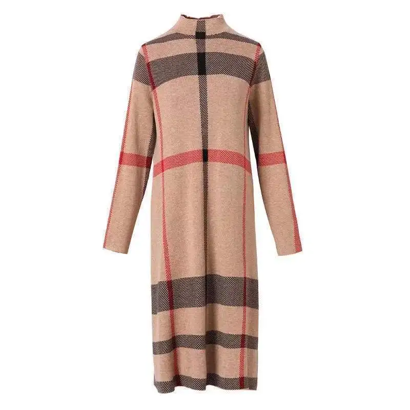 Autunno inverno nuovo Vintage Plaid abiti da donna manica lunga o-collo allentato tutto-fiammifero vestito lavorato a maglia elegante moda donna