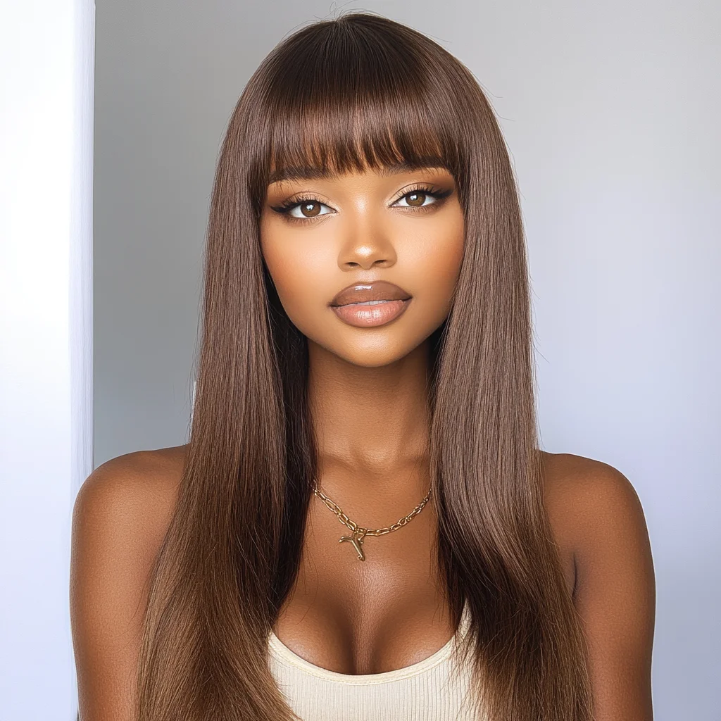 

Remy Forte Straight Brown Human Hair Wig With Bang Full Machine Made Wigs 4# Brown Straight Wigs With Bang For Women Human Hair