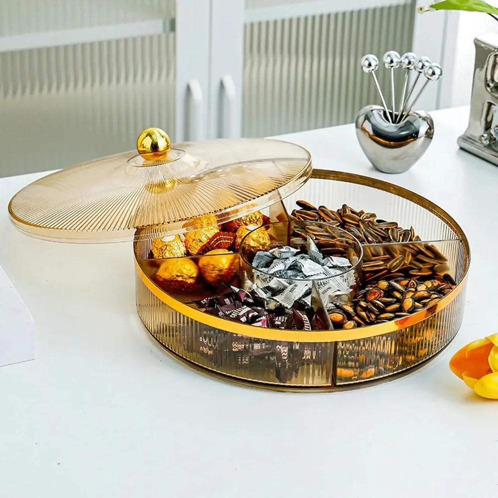 صينية الوجبات الخفيفة للفواكه المجففة، صينية تقديم مقسمة مع غطاء، طبق للوجبات الخفيفة من صينية الجوز القابلة للتكديس (اللون: كهرماني)