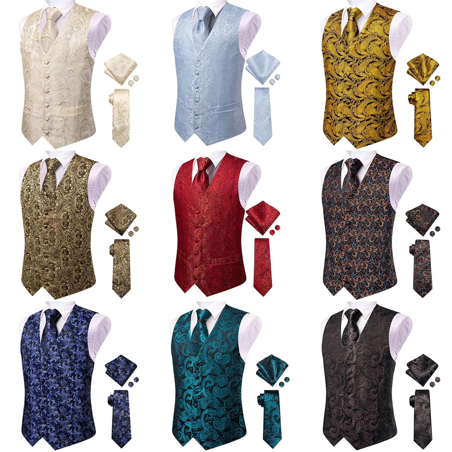 Men's Classic Paisley Formal Waistcoat 4-Piece Set, Vest with Necktie Pocket Square Cufflinks, Slim Fit Business Banquet Tuxedo