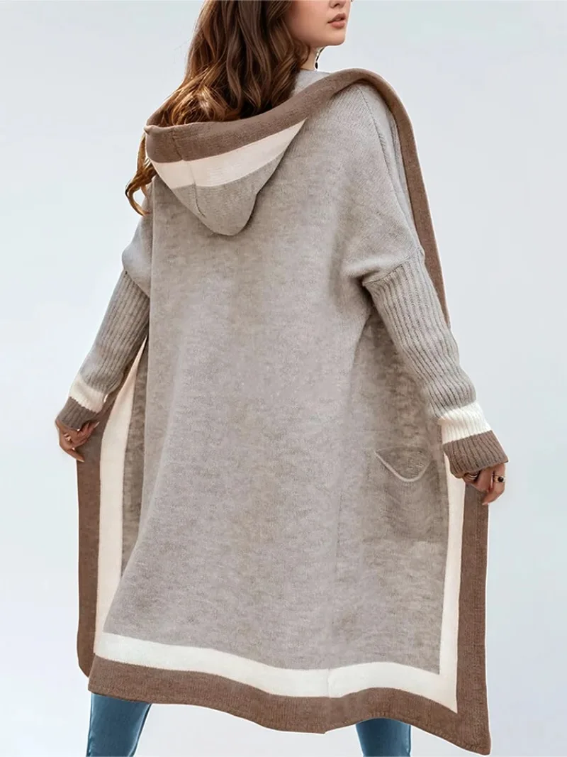 

Модный женский удлиненный кардиган с капюшоном, вертикальными полосками и карманами, осень-зима 2024