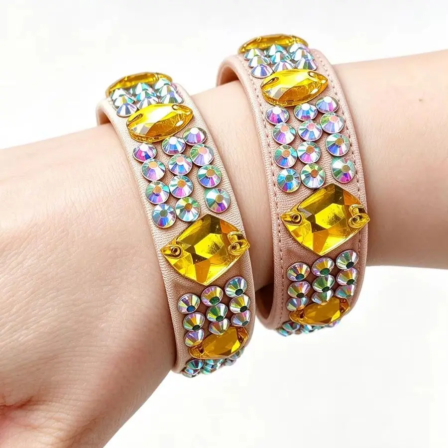 1 Pair Yellow AB Rhinestone Dance Elastic Sparkly Crystal Wristband Latin Ballroom Dance Competition Performance Women Bracelet