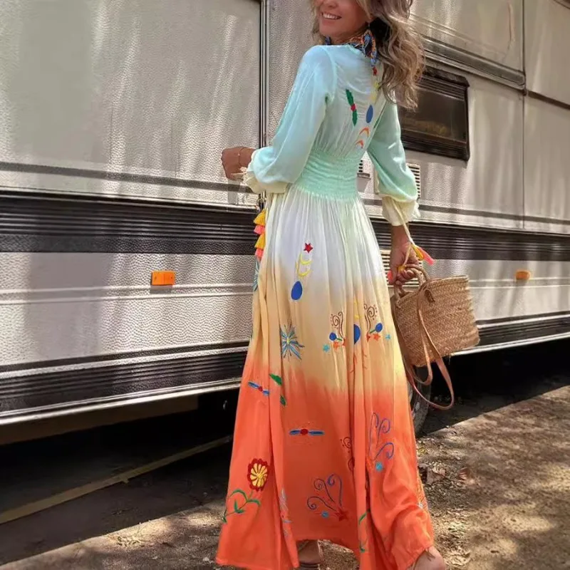 Abito Boho plissettato Abiti da vacanza Corsetto da donna Abito lungo da vacanza bohémien Manica lunga svasata sexy Scollo a V Vita elastica