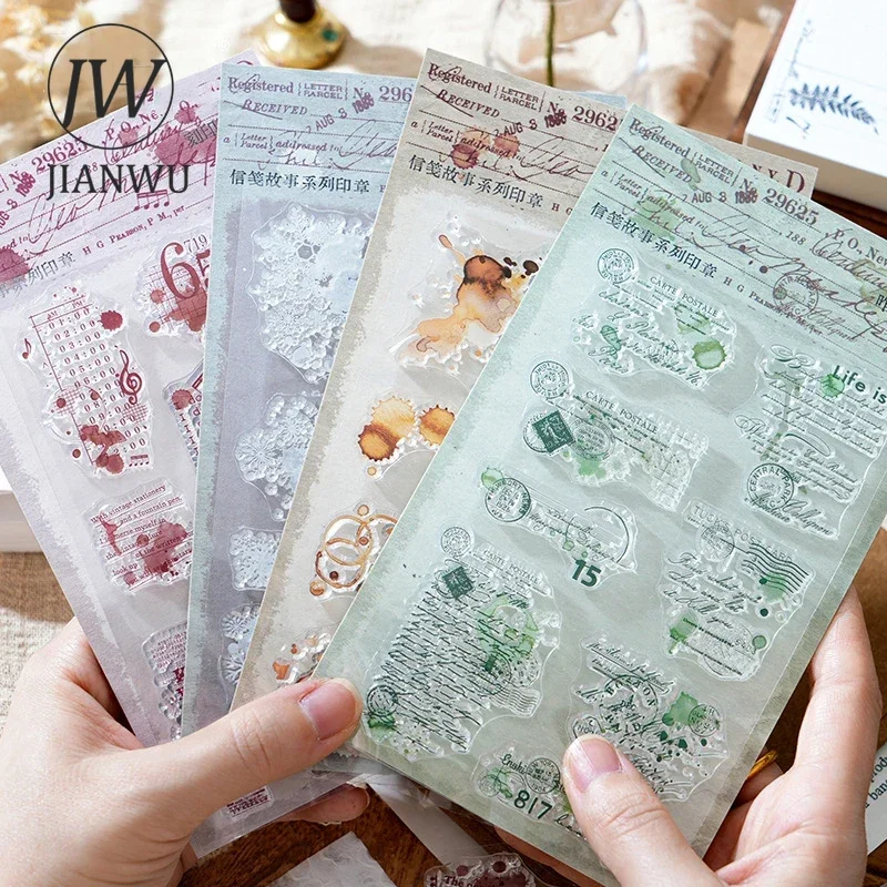 JIANWU Letterhead Story Series Vintage English Text Snowflake Material Collage Silicone Stamp Creative DIY Journal Stationery