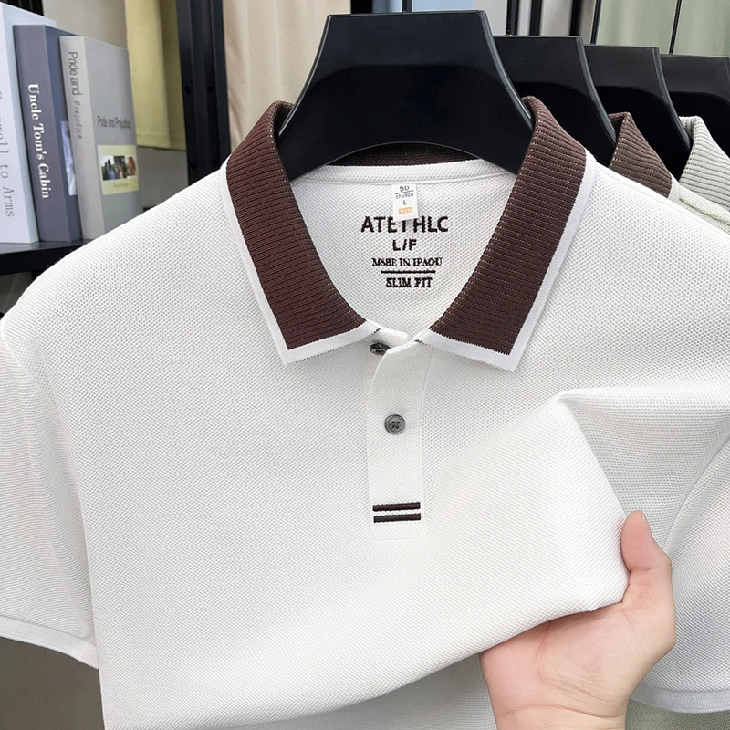 100% Baumwolle Luxus Herren Kurzarm-Poloshirt Mode Sommer Weich Atmungsaktiv Neu Hochwertig Farbblockierter Kragen Lässiges T-Shirt