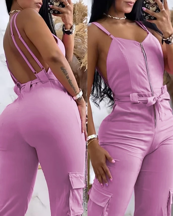 

Women's Urban Style Work Jumpsuit 2024 Summer Latest V-Neck Zipper Pocket Backless Cuffed Romper Spaghetti Strap Bodysuit