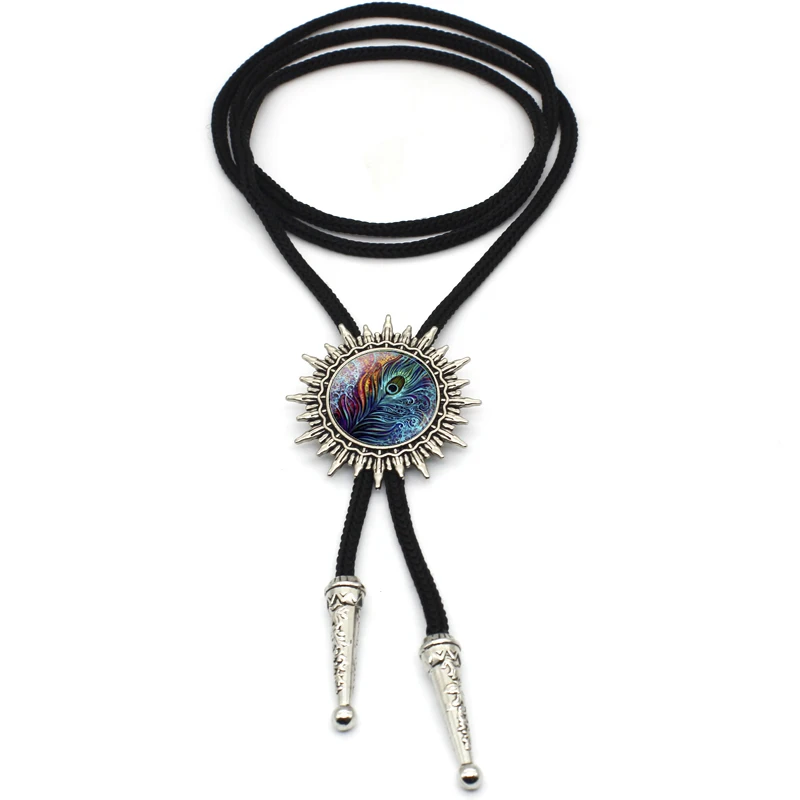 BOLO-0069 New Arrival Peacock Vintage Bolo Tie Trendy Glass Dome Peacock Feather Western Bolo Ties Slide Neck Tie