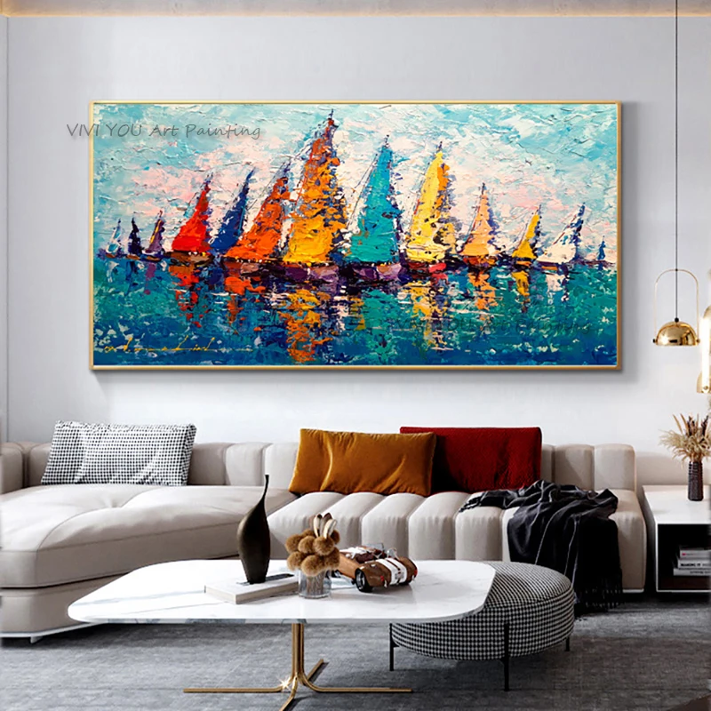 Handpainted Beautiful Scenery Wall Painting Artwork Canvas Art Decoration Colorful Abstract Oil Paintings Of Sailboats