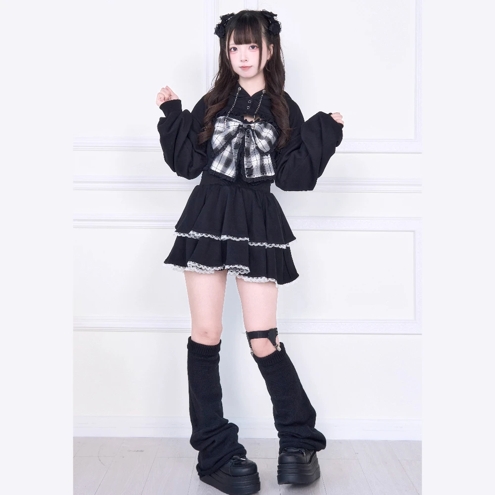 الأصلي اليابانية قداس الإنتاج ثقافة فرعية مقنعين طويلة الأكمام قصيرة البلوز القوس منقوشة تانك القمم قطعتين مجموعة للنساء الخريف