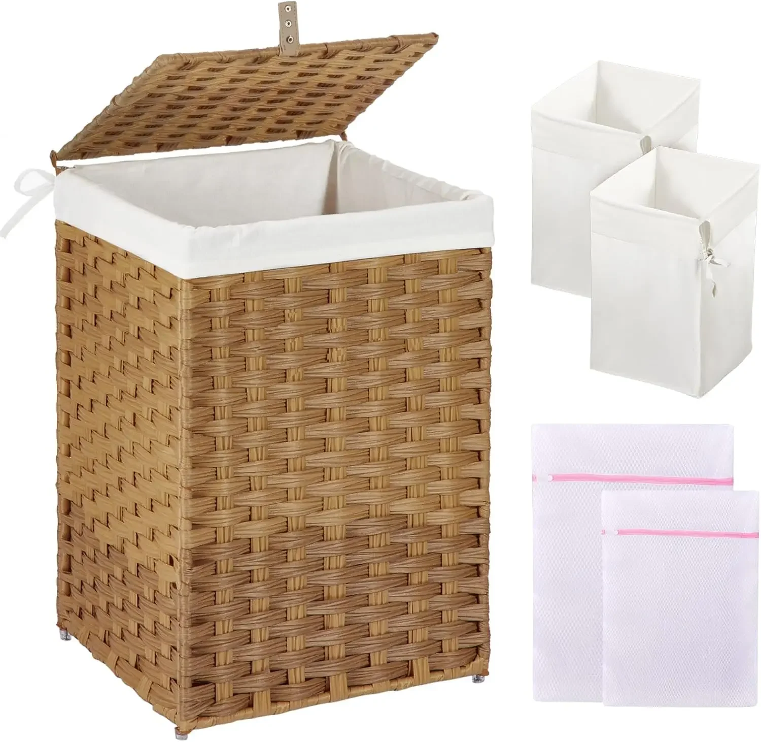 Laundry Hamper with Lid, 60L Clothes Hamper with 2 Removable Liner Bags & 2 Mesh Laundry Bags, Handwoven Synthetic Rattan