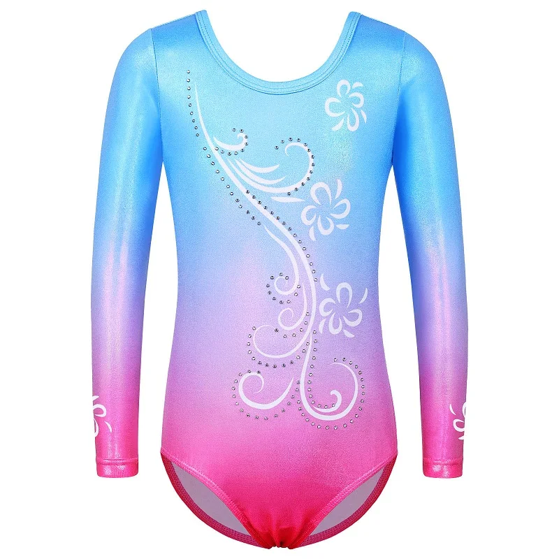 BAOHULU スパークル長袖レオタード女の子のためのラインストーングラデーションブルーピンク体操服子供ボディスーツダンスウェア