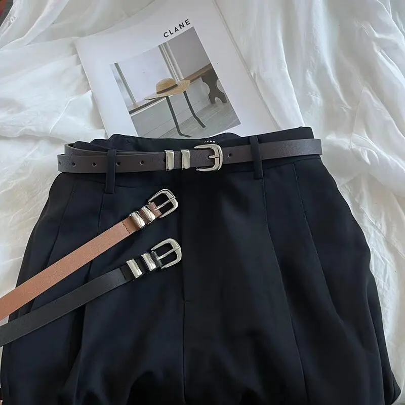 Three piece fashionable retro small belt women's versatile jeans belt thin black minimalist metal texture belt