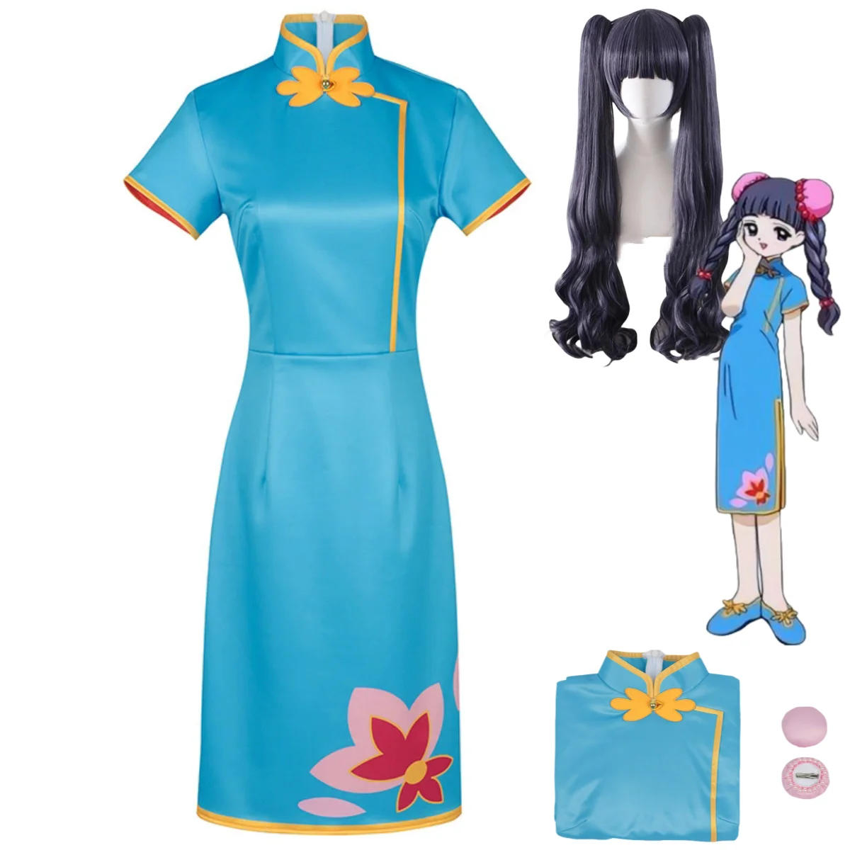 

Аниме Cardcaptor Sakura Daidouji Tomoyo Косплей Костюм Китайский Стиль Синее Платье Cheongsam Qipao Парик Женский Милый Костюм Для Вечеринки