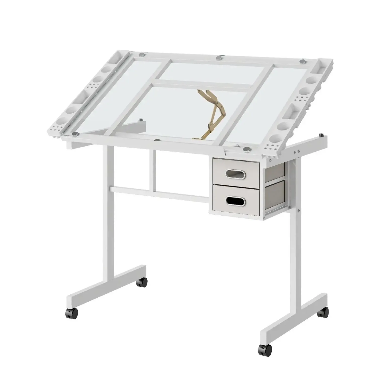 Adjustable Drafting Table Art Desk with Tempered Glass Top 0-70° Tilt, Drawing Desk Craft Station with 2 Fabric