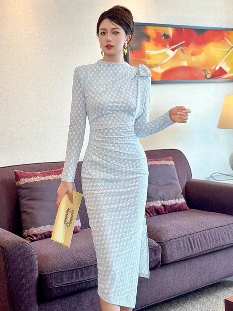 블루 플로럴 플래드 보우 롱 슬리브 슬림 펜슬 드레스 스윗 패션 여성 우아한 레이디 파티 프롬 베스티도스 로브 봄 가을 신상