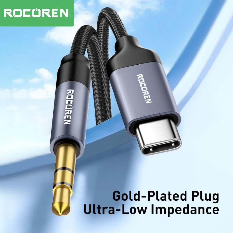 Rocoren AUX 케이블 C타입-3.5mm 잭 오디오 플러그 스피커 어댑터, 화웨이 아이폰 리얼미 자동차 헤드폰 컴퓨터 컨버터 와이어