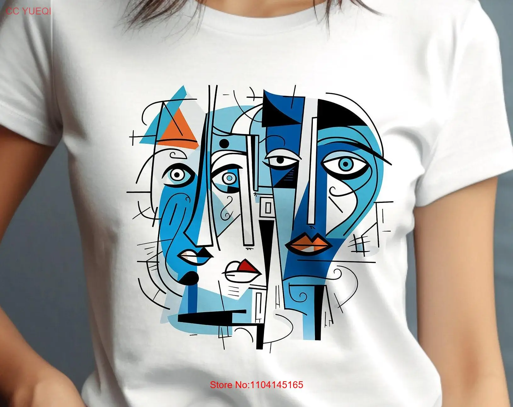 Blue Cubist Modern Art T shirt Portrait tee Abstract long or short sleeves