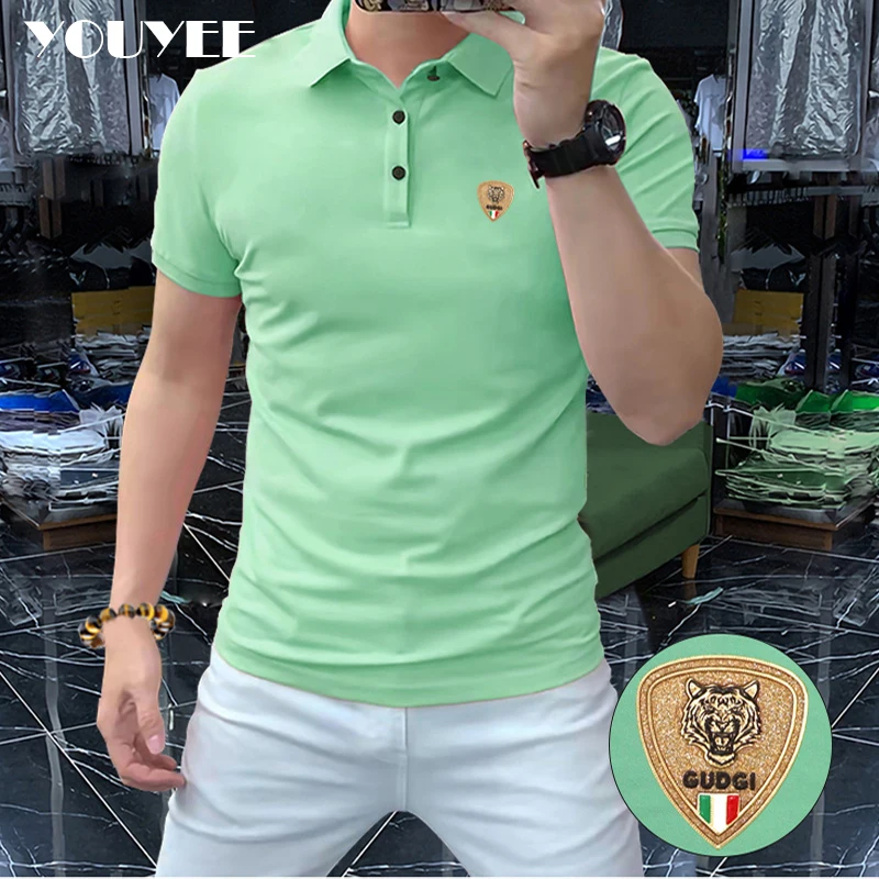 Men\'s Solid Color Casual Polo T-shirt Logo Decorate Candy Bright Color Male Lapel Polo Tops High Quality High Grade Man Clothing