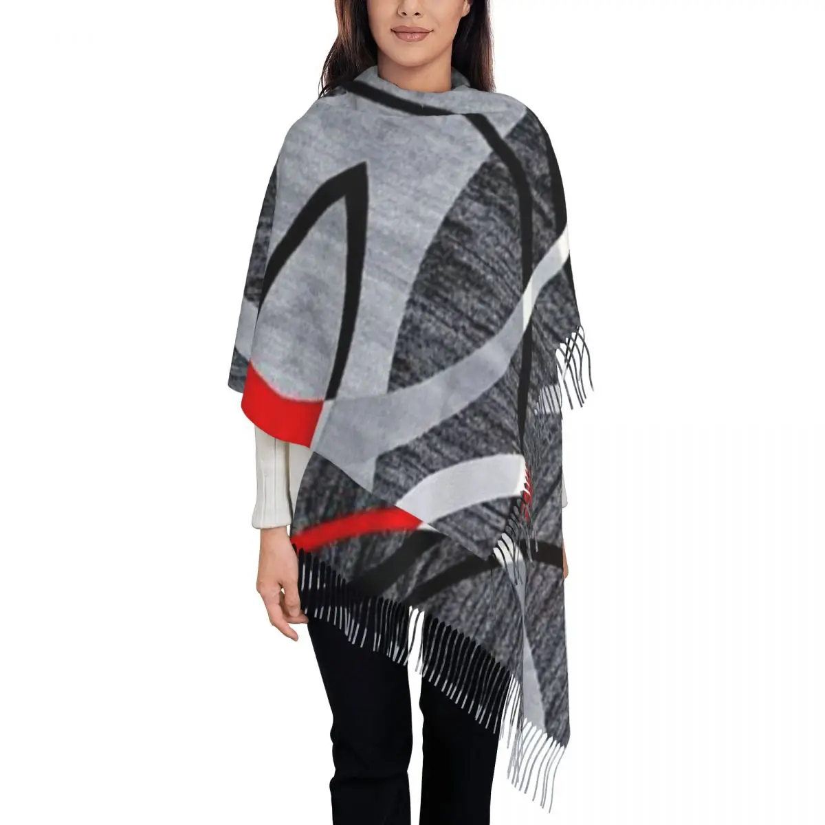 Modern Abstract Gray Red Swirls Scarf Wrap for Women Long Winter Fall Warm Tassel Shawl Unisex Geometric Pattern Scarves