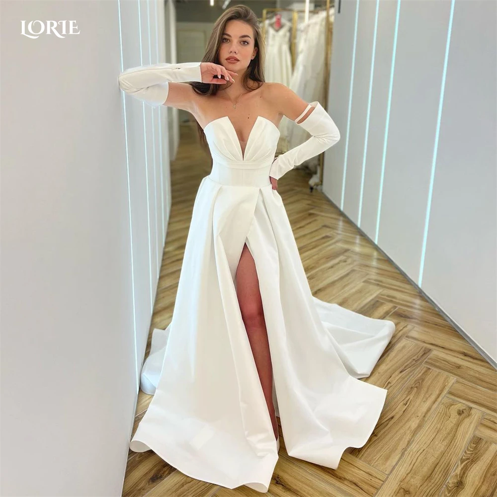 

LORIE Solid White Wedding Dresses Off Shoulder Low-Cut Ruched Sleeveless Bridal Gowns Side Slit Boho Bride Dress robe de mariée