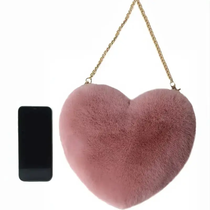 Heart Shaped Fluffy Shoulder Bag Fashion Chain Crossbody Bag Plush Handbag Cute Zipper Purse For Valentine\'s Day