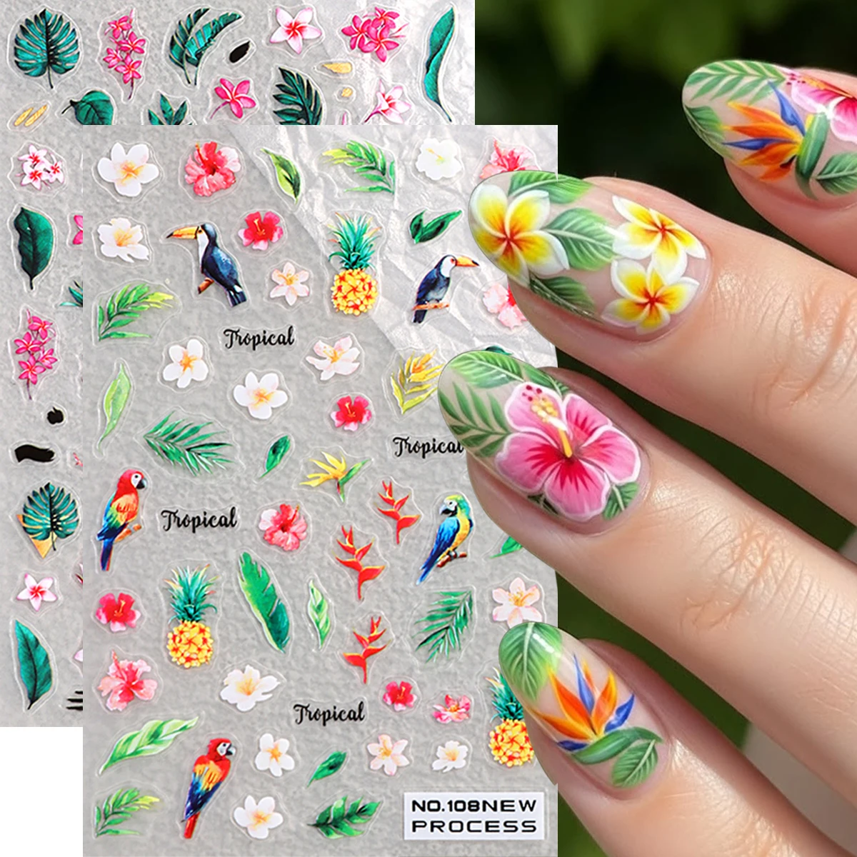 Green Palm Leaf Nail Stickers, Frangipani and Parrot Design Nail Decals, Perfect for Tropical-Themed Nail Art Decorations.