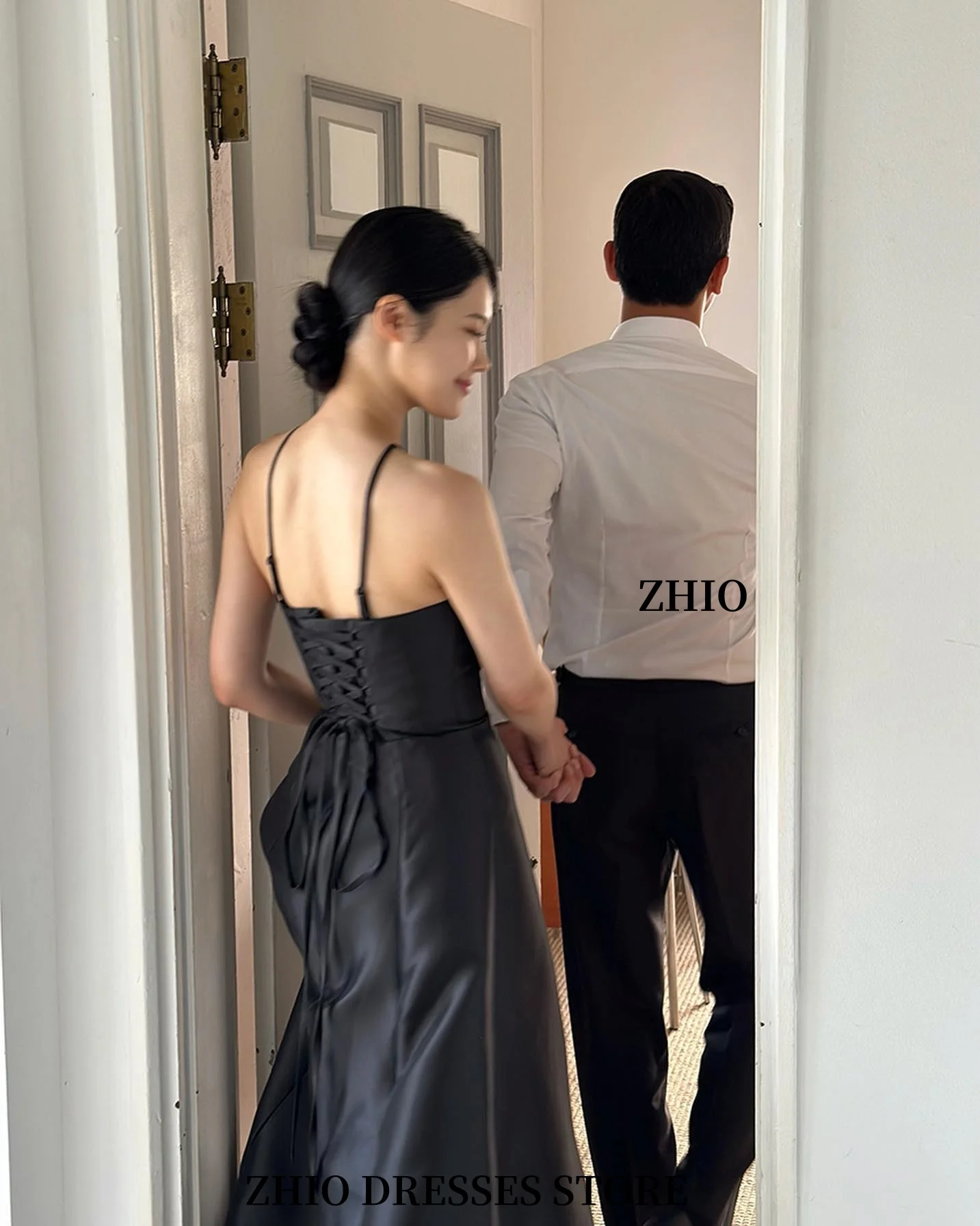 ZHIO Elegantes schwarzes Abendkleid, koreanisches Foto, Hosenträger, bodenlang, Hochzeit, Party, ärmellos, Tanzkleid, individuell