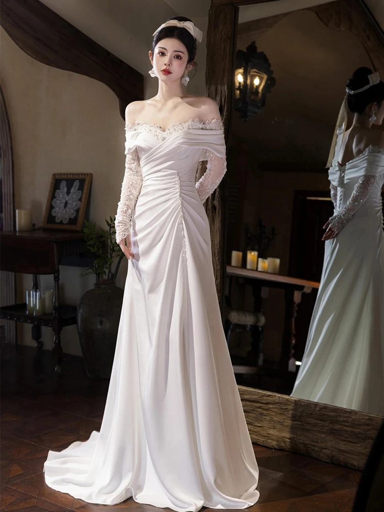 

Ele Lace Satin Long Sve Wedding Dr 2025 New Sle One oulder Bridal Gown Guest Welcome Ceremony Fi Tail Skirt